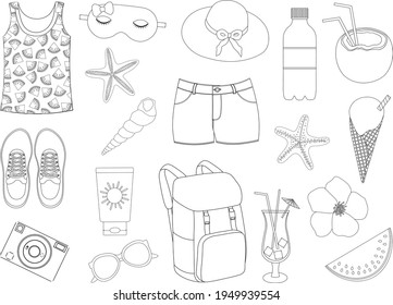 Set summer sea travel elements black and white coloring graphics vector illustration
