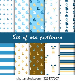 Set of summer seamless marine patterns for textiles. Stock vector.