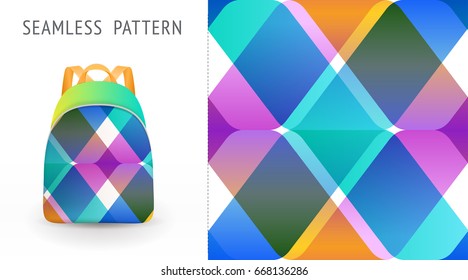 A set of summer seamless multicolor memphis patterns, demonstrated on textile backpack. Can be used for embroidery, print or silkscreen on fabric. 