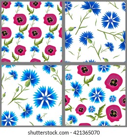 Set of summer seamless pattern of blue cornflowersand Poppies . Four vector with  flowers on white and green background.Can be used for fabric,textile.