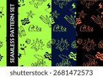 Set of summer seamless pattern design.Palm tree, surfboard, shark vector print. neon green blue background. Bright different colors