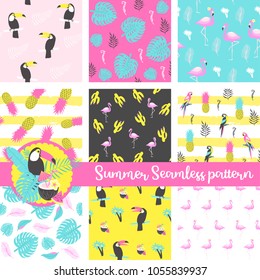 Set of summer seamless pattern with flamingo, toucan, parrot, pineapple, palm and exotic leaves. Vector Illustration. 
