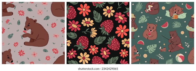 Set of summer seamless patterns with cute little bears with flowers, fruits, and leaves. Hand-drawn colorful flat vector illustration.