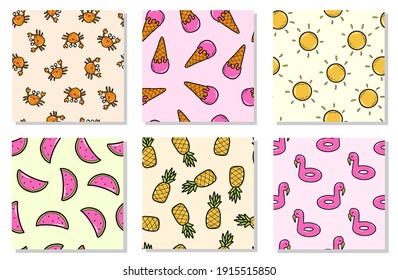 Set of summer seamless patterns with hand drawn doodles for wrapping paper, textile prints, scrapbooking, stationary, wallpaper, apparel, etc. Eps 10
