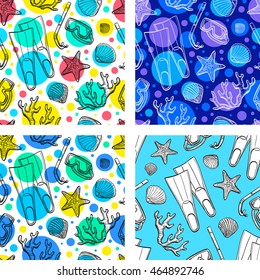 Set of summer seamless patterns. Hand drawn vector illustration.