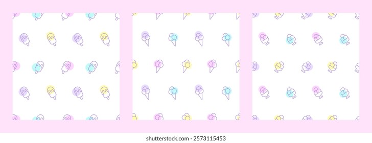 Set of Summer Seamless Patterns with Ice Cream in Retro Style. Ice Spotted pattern with ice cream. Collection of backgrounds with sorbet, gelato, popsicle. Bright children's patterns with sweets.