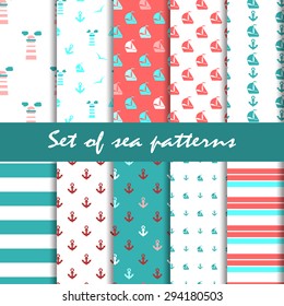 Set of summer seamless patterns. Marine patterns. Pattern for textiles, glassware, etc. Stock vector.
