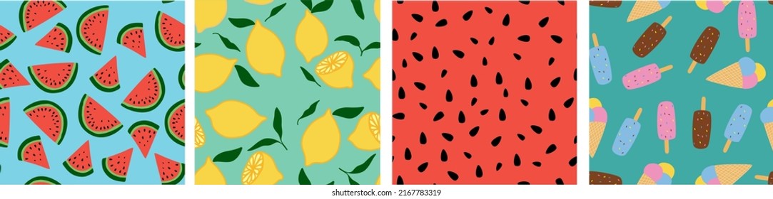 Set of summer seamless patterns.  Seamless pattern collection. Watermelons, lemons, ice cream. Modern exotic design for paper, cover, fabric, interior decor and other users. Hand drawn illustration.