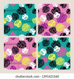 Set of summer seamless patterns with silhouettes of tropical leaves and geometrical ornaments for textile, wallpapers, gift wrap, covers, scrapbook. Vector.