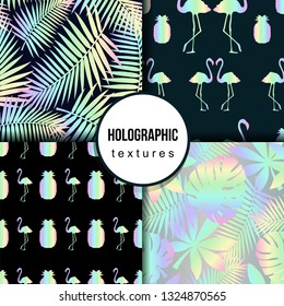 Set of summer seamless patterns with tropical leaves, flamingo,pineapple and holographic effect. Colorful summer print for textile, cards, posters etc. Vector tropical illustration