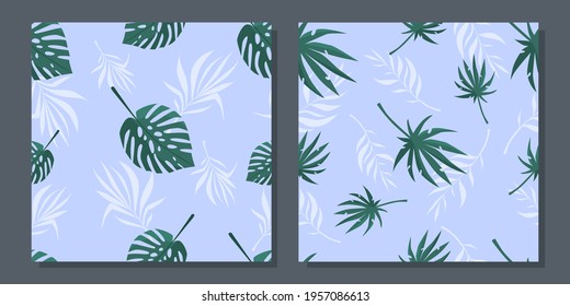 Set of summer seamless patterns with tropical leaves. Vector illustration.