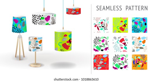 A set of summer seamless unique abstract hand-drawn patterns, demonstrated on textile lampshades. Can be used for embroidery, print or silkscreen on fabric.