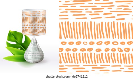 A set of summer seamless unique abstract hand-drawn patterns,, demonstrated on textile lampshades. Can be used for embroidery, print or silkscreen on fabric.