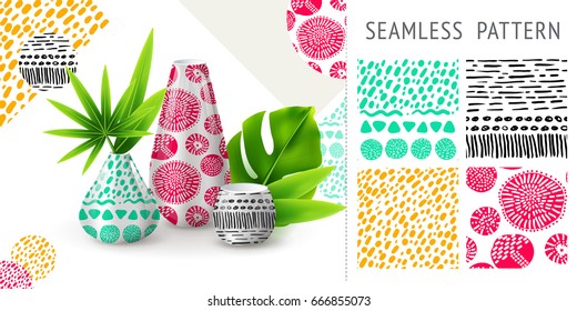 A set of summer seamless unique abstract patterns, demonstrated on ceramic vase. Can be used for embroidery, print or silkscreen on fabric. Eps 10 