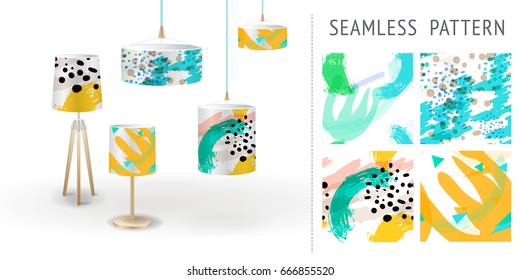 A set of summer seamless unique abstract hand-drawn patterns, demonstrated on textile lampshades. Can be used for embroidery, print or silkscreen on fabric. eps10