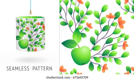 A set of summer seamless unique abstract fruit and flowers patterns, demonstrated on textile lampshades.  