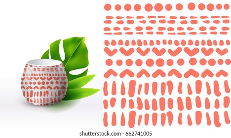 A set of summer seamless unique floral patterns, demonstrated on textile ceramic pot. Can be used for embroidery, print or silkscreen on fabric.