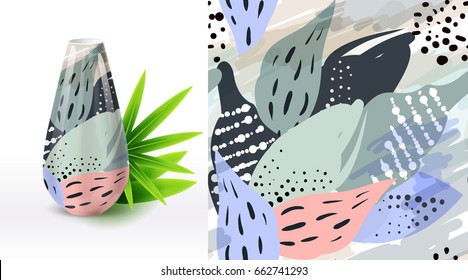 A set of summer seamless unique floral patterns, demonstrated on textile ceramic vase. Can be used for embroidery, print or silkscreen on fabric.