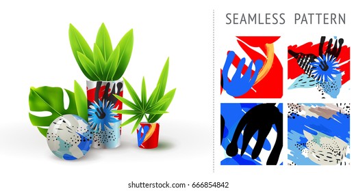 A set of summer seamless unique floral patterns, demonstrated on ceramic vase. Can be used for embroidery, print or silkscreen . eps10