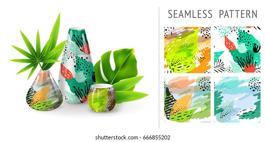 A set of summer seamless unique floral patterns, demonstrated on ceramic vase. Can be used for embroidery, print or silkscreen on fabric. Eps 10 