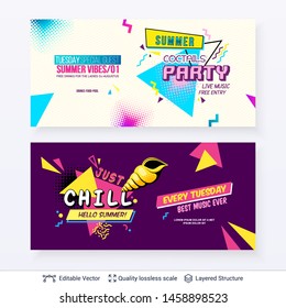 Set of summer season ad banners in pop-art style. Bright colorful text and shapes for your summer specials. Vector backgrounds template.