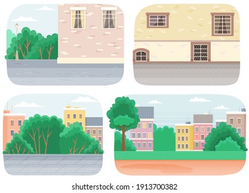 A set of summer season cartoon city landscape with green high trees, road, cloudy sky. Lovely urban nature vector illustration. Green empty city park with a pedestrian sidewalk, vintage brick building