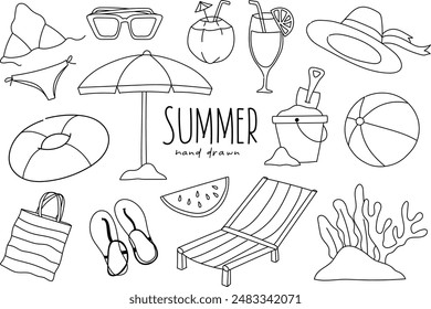 	
set of summer season hand drawn illustrations, doodle line art vector for beach vacations