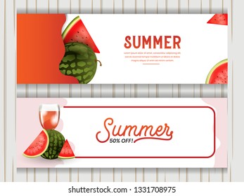 Set of Summer season with watermelon banner design template with 3d realistic style for brochure, poster, magazine cover, flyer, card and background in A4 format size paper.