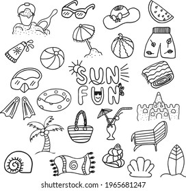 Set of summer seasonal beach attributes. Hand drawn black and white doodles. Vector illustration.