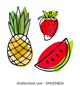 Set of summer seasonal fruits. Watermelon, pineapple, strawberry hand drawn sketch isolated. Bright fruits. Organic food Outline vector illustration. Eco healthy ingredient For poster, banner, coupon