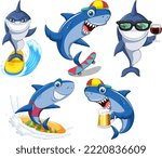 Set of summer shark cartoon character illustration