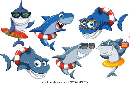 Set of summer shark cartoon character illustration