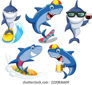 Set of summer shark cartoon character illustration