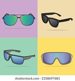 Conjunto de ilustración vectorial de lentes solares brillantes de verano. Concepto de icono del objeto de gafas de verano. Gafas de moda de verano para moto, moda y viajes con diseño de vectores de sombra.