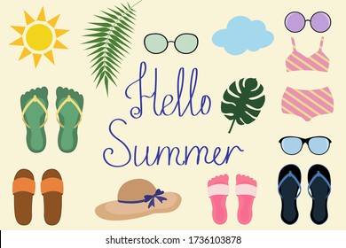 Set of summer shoes, glasses, hat, swimsuit and other objects isolated on a beige background. Summer vector illustration. Set of summer elements for your design