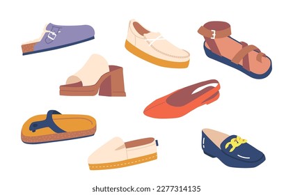 Set Of Summer Shoes Sandals, Slip-ons, Loafers. Comfortable Footwear Of Various Styles, Made From Lightweight Materials