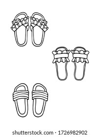 A set of summer shoes, simple with decor. Hand-drawn illustration in Doodle style, sketch, silhouette, black lines on a white background.
