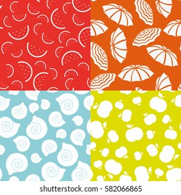 Set of Summer simple vector seamless patterns with watermelons, beach umbrellas, shells, apples