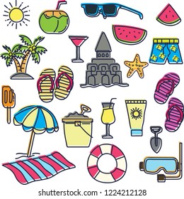 Set of summer sketch vector design icon umbrella, coconut tree, sand, beaches, sand castles, sunglasses, ice cream in doodle style with plain backgrounds. vector illustration