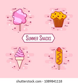 Set of summer snacks: corn dog, ice cream, cotton candy, cake. Vector icons for fast food. Thin line flat design.  