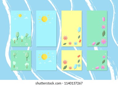 Set of summer for social media networks. Story and post templates with decorations. Vector illustration.