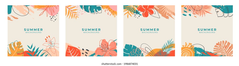 Set of summer social media post template with space for text.Promotional content.Colorful abstract vector design background for poster, invitation and cover with tropical leaves, shapes and textures