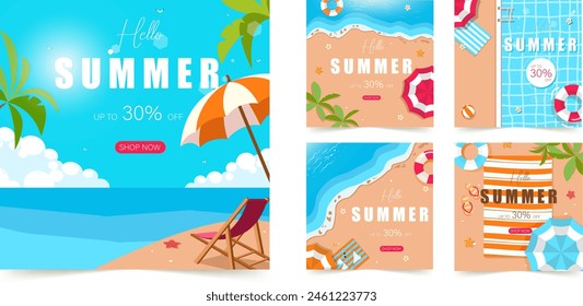 Set of summer social media post template with space for text. for poster, invitation and cover with tropical leaves, shapes and textures