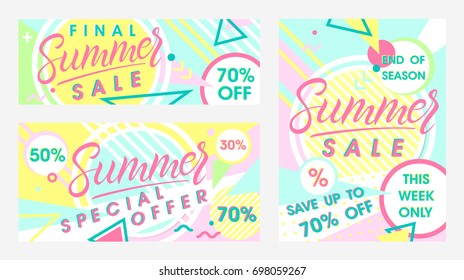 Set of summer special offer banners.Hand drawn lettering summer with geometric elements in memphis style. Sale season card perfect for prints, flyers,banners, promotion,special offer and more.