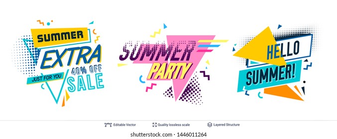 Set of summer specials ad backgronds in pop-art style. Bright colorful text and shapes for your summer specials. Vector template.