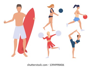 Set of summer sport activities. Group of men and women playing volleyball and basketball, doing yoga and surfing. Sport concept. Vector illustration can be used for topics like beach, summer, vacation