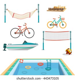 Set of summer sport beach objects. Swimming pool, motor boat, volleyball net, hammock, bicycles, chess