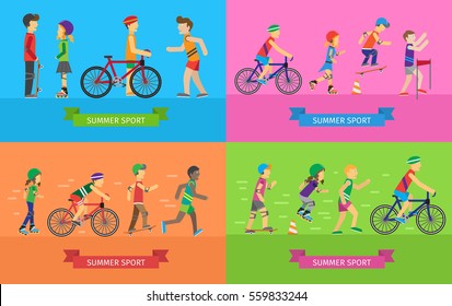 Set of summer sport concepts. Vector in flat style. Women and men in sportswear running, riding bike, skate rollers, skateboard. Victory in sport competition. Moving activity and healthy life. 
