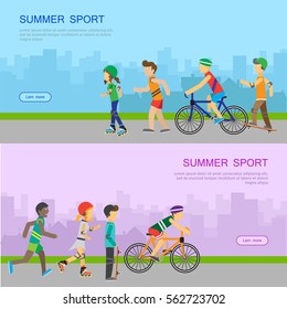 Set of summer sport vector web banners. Women and men running, riding bike, skate rollers, skateboard. Moving activity and healthy life. Flat illustrations for club, sportswear store web page design