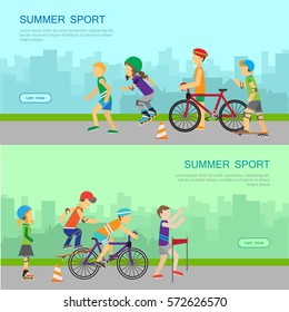 Set of summer sport vector web banners. Women and men running, riding bike, skate rollers, skateboard. Moving activity and healthy life. Flat illustrations for club, sportswear store web page design